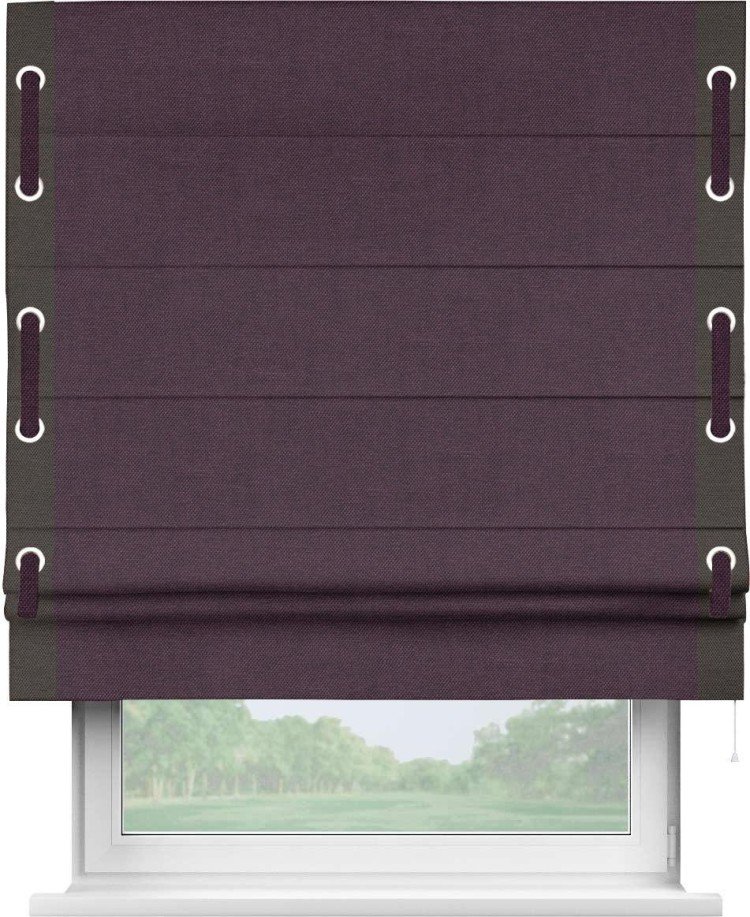 Римская штора «Кортин» для проема, лён димаут фиолетовый с кантом Стрим Дуо (люверсы с пояском)